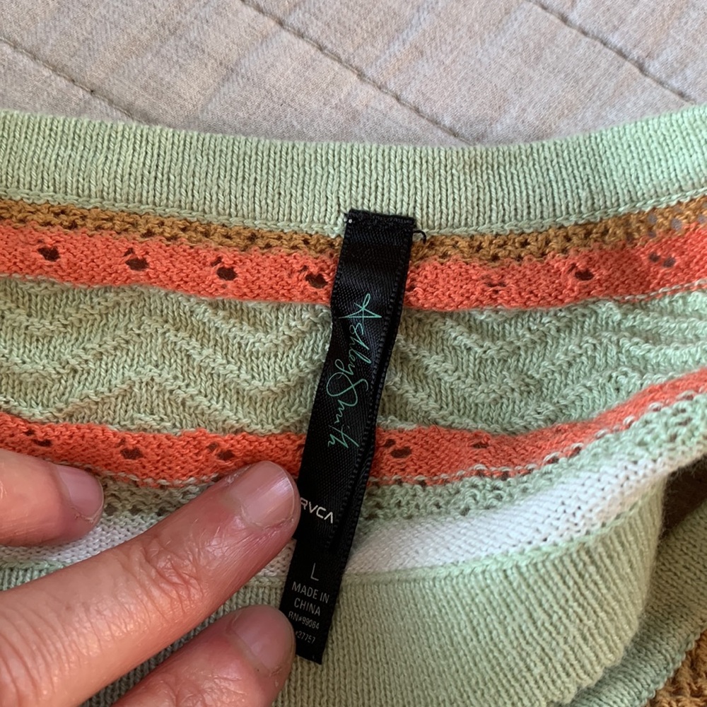 Rvca Y2K Ashley Smith Green and orange striped crochet knit halter crop top L - Picture 5 of 8